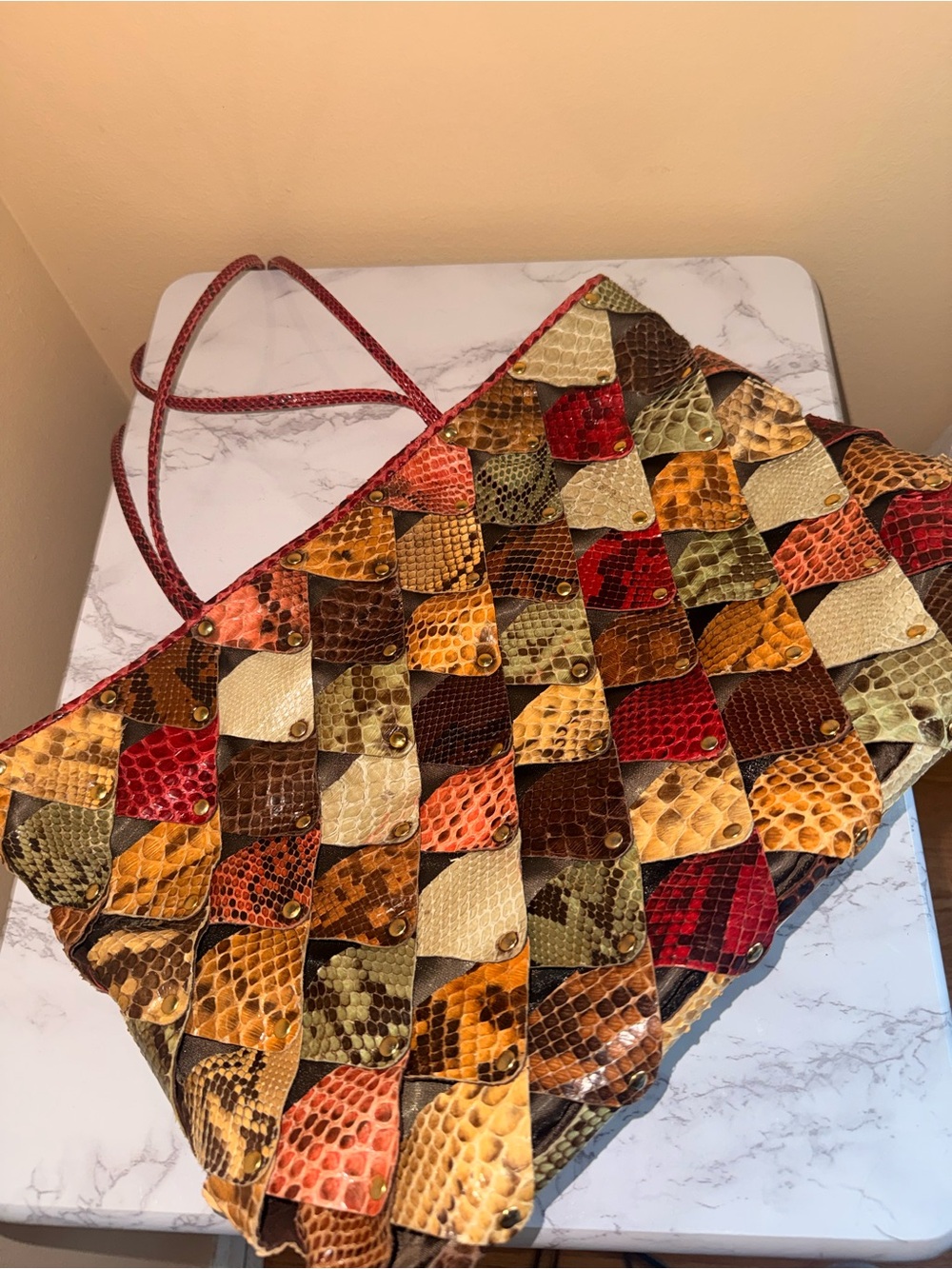 Patchwork Snake-Effect Tote in Red, Brown & Tan